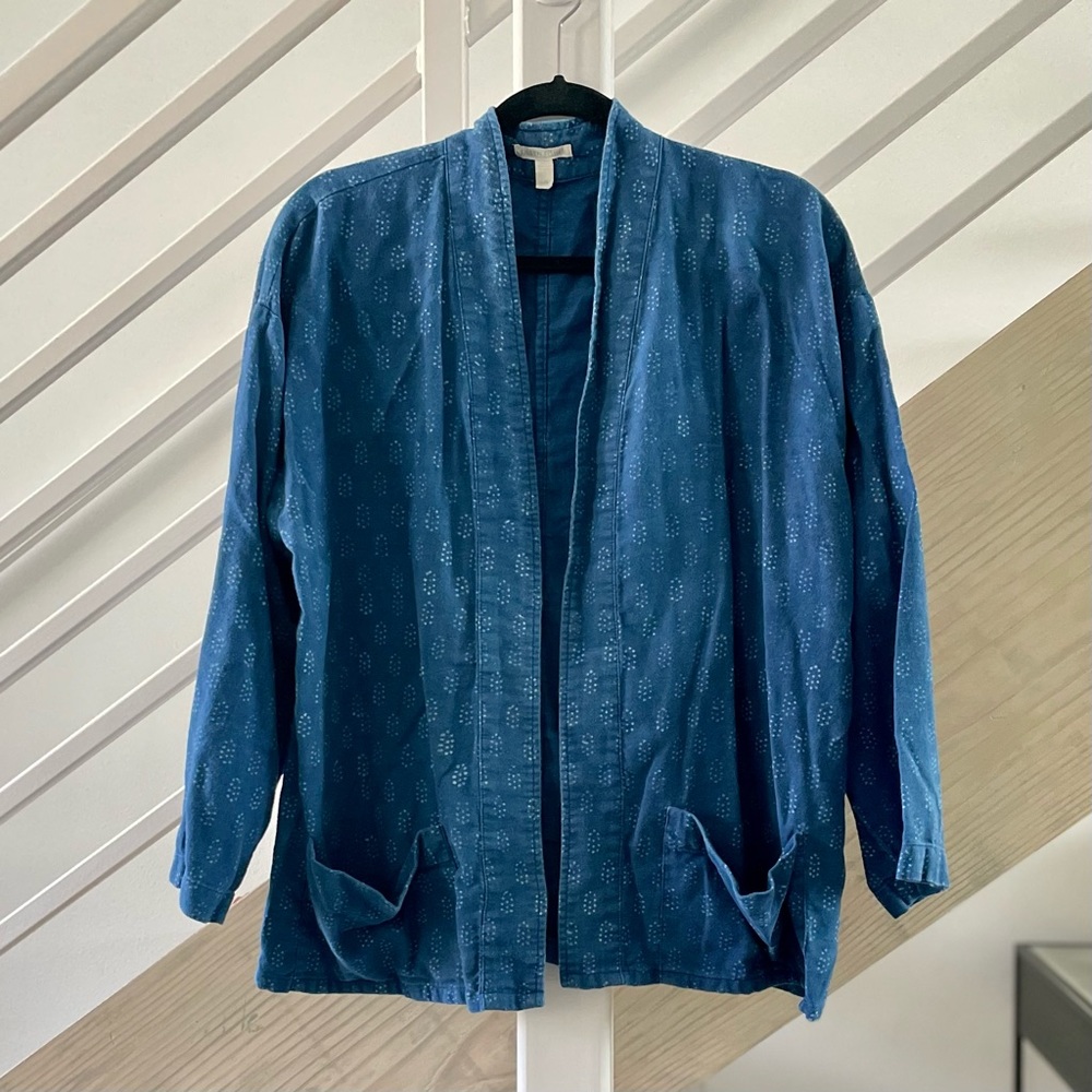 Eileen Fisher Indigo Block Print Kimono Cardigan Large